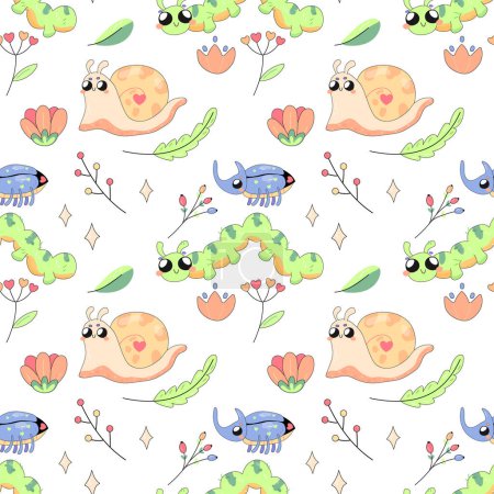 Seamless pattern, cute simple bugs, snail, insects cartoon baby, on white background for fabric, wrapping paper