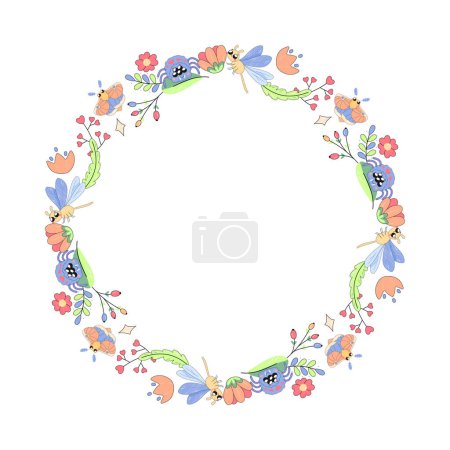 Congratulations frame, with flowers, plants and maple moth, butterfly insects. on white 
