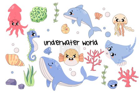 Niedliche Meerestiere, gesetzt, auf weißem Hintergrund, Fugu, Wal, Delfin, Tintenfisch, Qualle. Unterwasserwelt. Vektor