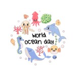world ocean day, marine world, dolphin, whale, fugu fish, squid, seahorse algae.