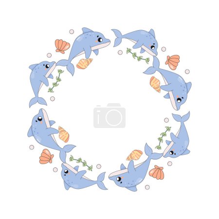 frame, border, of sea creatures, cute baby dolphins and seashells sea