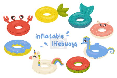 Cartoon swim rings, pool games rubber toys, colorful lifebuoys. Swimming circles, cute pool crab, unicorn, pineapple, mermaid, watermelon, donut, seahorse, cat form.