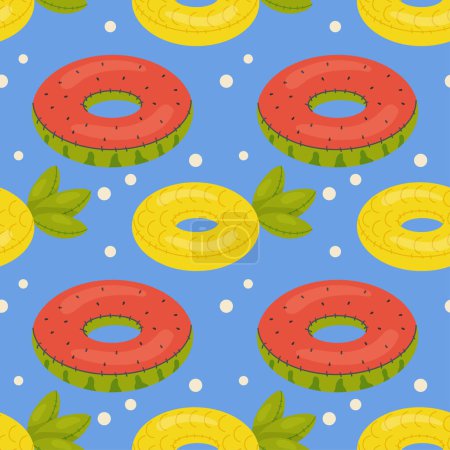 Seamless pattern, fruit shaped swim lap, pineapple and watermelon, kids inflatable sea