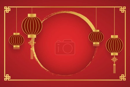 Año nuevo chino, oro y rojo, plantilla para saludos, pancarta, cartel. Con linternas chinas, espacio para copiar
