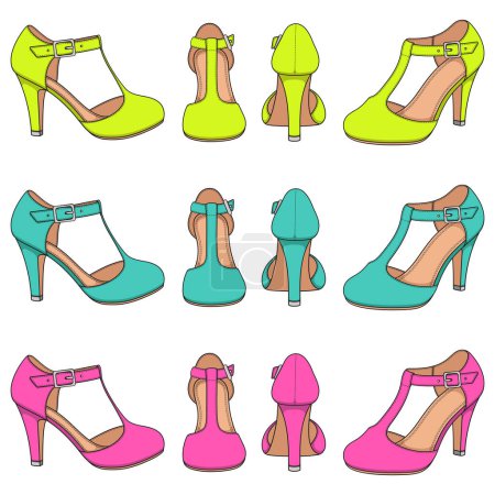 Téléchargez les illustrations : Ensemble d'illustrations en couleurs avec des chaussures féminines lumineuses avec fermoir sur le talon. Objets vectoriels isolés sur fond blanc. - en licence libre de droit