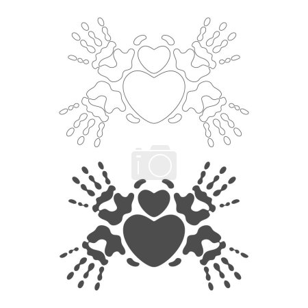 Illustration for Heart symbol between palm prints, handprint, heart in hands. Isolated vector objects on a white background. - Royalty Free Image