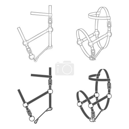 Illustration for Set of black and white illustrations with halter, headstall, bridle. Isolated vector objects on white background. - Royalty Free Image