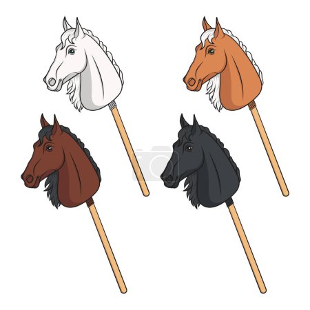 Set of color illustrations with hobby horse toy on stick. Isolated vector objects on white background.