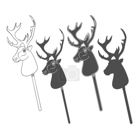 Set of black and white illustrations with hobby horse deer toy on stick. Isolated vector objects on white background.