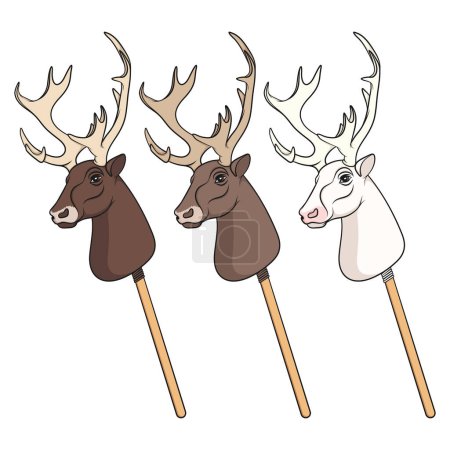 Set of color illustrations with hobby horse deer toy on stick. Isolated vector objects on white background.