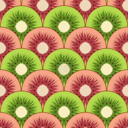 Motif sans couture avec des fruits kiwis verts et rouges coupés. Fond vectoriel coloré.