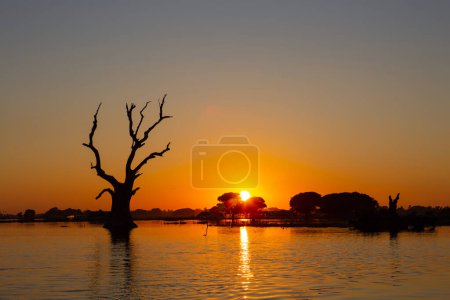 Téléchargez les photos : Arbre reflétant dans taung tha man lac près u-bein pont au coucher du soleil, amarapura, mandalay, myanmar (Birmanie), asie - en image libre de droit