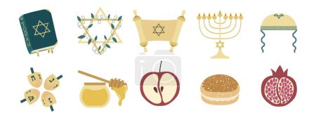 Téléchargez les illustrations : Grand ensemble juif avec Tanakh, Star of David, Scroll Torah, Menorah et tradition nourriture de vacances - en licence libre de droit