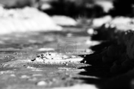 Photo for Selective focus on cut bank of a snow blown sidewalk section with path continuing. . High quality photo - Royalty Free Image