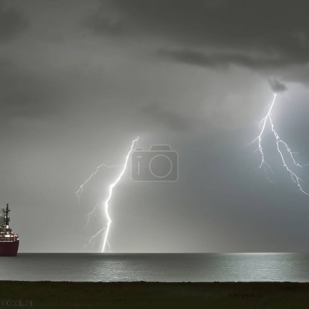 Foto de Generative AI illustration of a large cargo ship entering a storm with ominous dark clouds. ilustración de alta calidad - Imagen libre de derechos