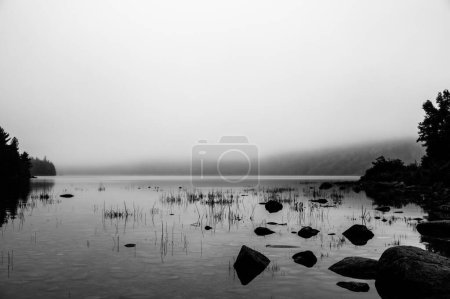 Wody na skraju Jordanu Staw w Parku Narodowym Acadia, Maine, USA z mgłą ustawioną w oddali. Wysokiej jakości zdjęcie