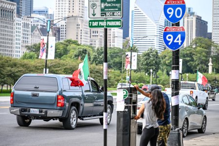 Photo for Chicago, Illinois, USA - 9.16.2023: Mexico Independence day being celebrated with flags along street. High quality photo - Royalty Free Image