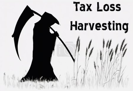 Foto de Segador sombrío que lleva una guadaña que representa el concepto de la cosecha de pérdidas de impuestos. ilustración de alta calidad - Imagen libre de derechos