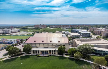 Photo for Lawrence, Kansas, USA - 7.2023 - Drone view of Allen Fieldhouse where the University of Kansas Jayhawks play basketball. . High quality photo - Royalty Free Image