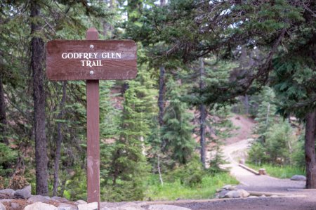 Entrance and sign post to Godfrey Glen Trail at Crater Lake National Park, Oregon. High quality photo