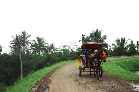 Téléchargez les photos : Sukabumi, Java occidental, Indonésie - 26 juin 2022 : Delman passe dans une rue vide. Delman est un transport traditionnel indonésien à roues qui utilise des chevaux comme remorquage. - en image libre de droit
