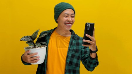 Cheerful Asian man in a beanie and casual clothes smiles while checking his phone, holding a healthy Pin-stripe Calathea (Calathea ornata) houseplant in a white pot. Isolated on a yellow background.