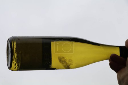 Foto de Botella de vino blanco con cristales de tartrato o diamantes de vino en el vino - Imagen libre de derechos
