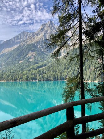 emerald green water of Lake Antholz and high mountains seen through the coniferous trees of the surrounding forest 