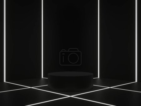 3D renderizado podio geométrico negro con luces de neón blancas.