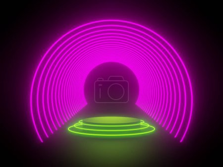 Téléchargez les photos : Podium noir rendu 3D avec néons verts et roses - en image libre de droit