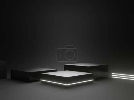Photo for 3D rendered black scientific stage with white neon lights. Geometric podium. Sci-Fi mock up. - Royalty Free Image