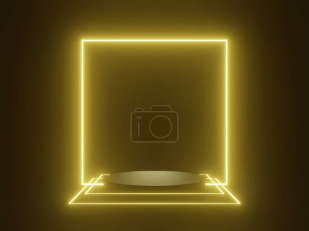 Téléchargez les photos : 3D rendu podium scientifique noir avec des néons dorés. Modélisation de la science-fiction. - en image libre de droit