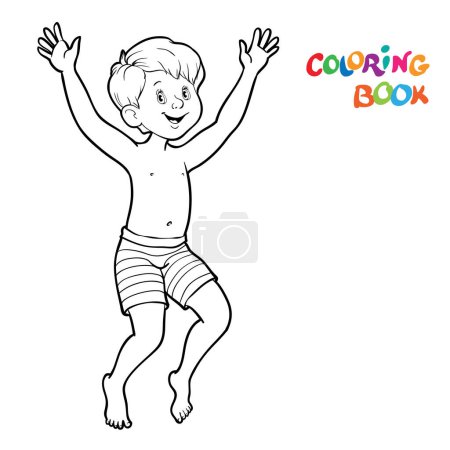 Illustration for Black and white coloring book or illustration. Joyful boy is jumping. Vector illustration. - Royalty Free Image