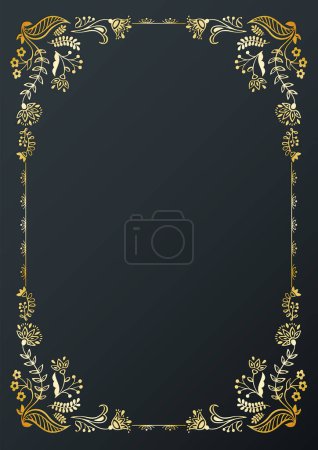 Illustration for Calligraphic golden frame and page decoration on black background. Vector illustration. Vector of decorative vertical element, border and frame. - Royalty Free Image