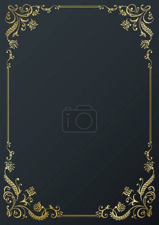 Illustration for Calligraphic golden frame and page decoration on black background. Vector illustration. Vector of decorative vertical element, border and frame. - Royalty Free Image