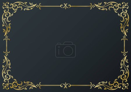 Illustration for Calligraphic frame and page decoration on black background. Vector illustration. Vector of decorative horizontal element, border and frame. - Royalty Free Image