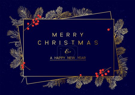 Foto de Cartel de Navidad con ramas de pino sobre fondo azul oscuro. Ilustración de año nuevo. Diseño de tarjeta de invierno
. - Imagen libre de derechos