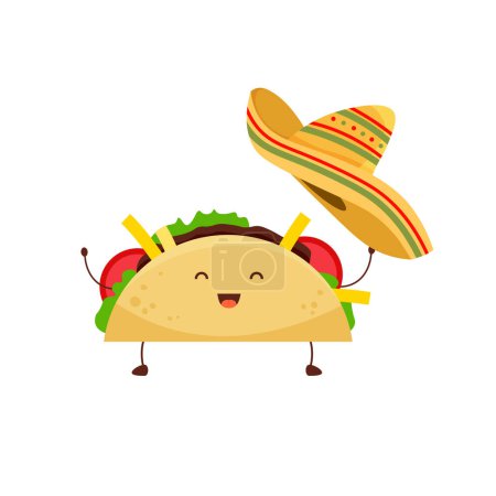 Mexican taco cute character with sombrero. Latin american food concept. Tacos with meat and vegetable. Vector illustration in trendy flat style isolated on white background.