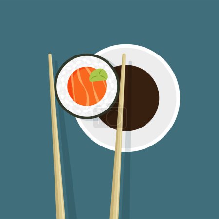 Illustration for Japanese maki roll with salmon. Chopsticks holding sushi dipped in soy sauce. Traditional Asian food. Top view. Vector illustration in trendy flat style isolated. - Royalty Free Image