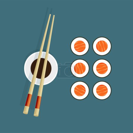 Illustration for Japanese maki roll with salmon . Chopsticks, soy sauce and sliced red fish. Traditional Asian food. Top view. Restaurant poster. Vector illustration in trendy flat style isolated. - Royalty Free Image