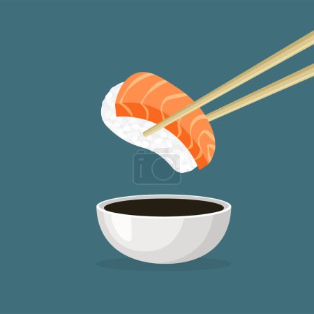 Illustration for Japanese salmon sushi. Chopsticks holding raw fish dipped in soy sauce. Traditional Asian food. Top view. Vector illustration in trendy flat style isolated. - Royalty Free Image