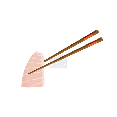 Illustration for Japanese hirame sashimi. Chopsticks holding raw sliced fish. Traditional Asian food. Vector illustration in trendy flat style isolated on white background. - Royalty Free Image