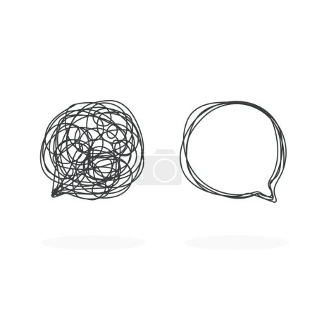 Illustration for Tangled and untangled speech bubble. Abstract metaphor of complicated way of thinking and simple way. Business problem solving or difficult situation. Vector illustration isolated on white. - Royalty Free Image