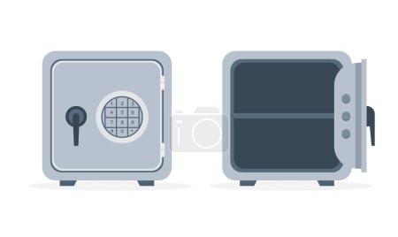 Illustration for Security metal safe for banknotes, bares and coins. Combination lock. Closed and open empty safe box. Cash protection. Icon for web, games, apps. Vector illustration isolated on white background. - Royalty Free Image