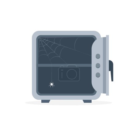 Illustration for Security empty metal safe with spider inside. The safe box is covered in cobwebs. Icon for web, games, apps. Vector illustration isolated on white background. - Royalty Free Image