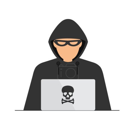 Hacker en capucha negra o criminal cibernético en el portátil. Proceso de robo de datos personales del usuario. Phishing por Internet. Los hackers atacan. Ilustración vectorial aislada en blanco.