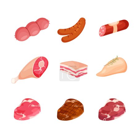 Illustration for Meat product icon set. Steaks, pork bacon, chicken, sausage. Meal shop. Vector illustration in trendy flat style isolated on white background. - Royalty Free Image