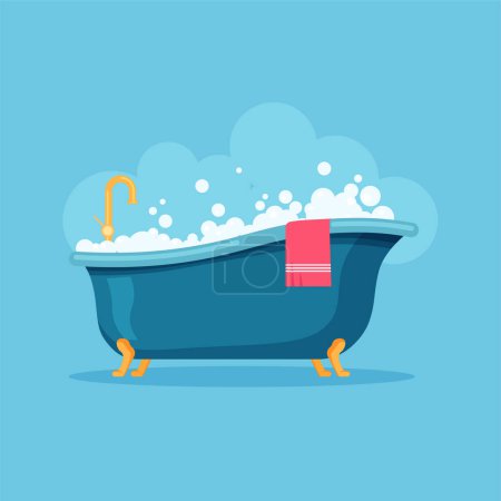 Illustration for Bath full of foam with bubbles and pink towel. Relax bathroom. Vector illustration in trendy flat style isolated on blue background. - Royalty Free Image