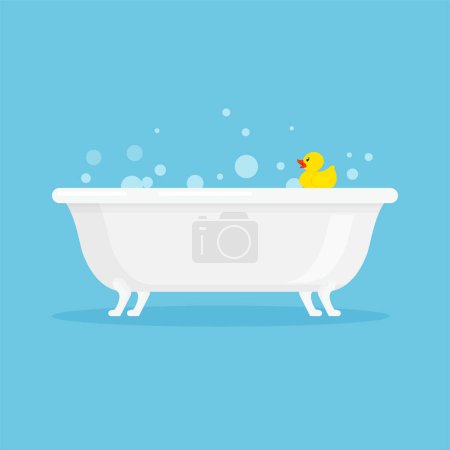 Illustration for White ceramic bath with foam bubbles and yellow rubber duck. Vector illustration in trendy flat style isolated on blue background. - Royalty Free Image