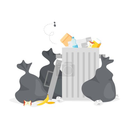 Garbage container with unsorted trash. Pile of wastes. Bags full of rubbish near the dust bin. Vector illustration in trendy flat style isolated on white background.